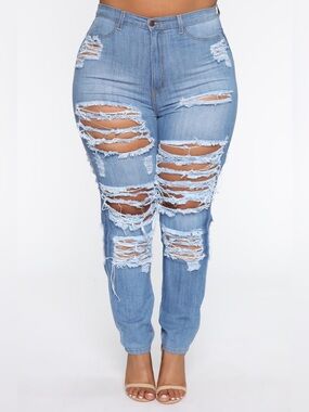 Fashion Nova Light Blue High-Rise Stretch Denim Jeans Size 3X (21) Distressed
